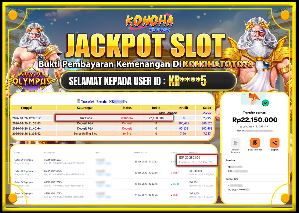 KONOHATOTO78 JACKPOT GATES OF OLYMPUS 1000 Rp.22.150.000,LUNAS